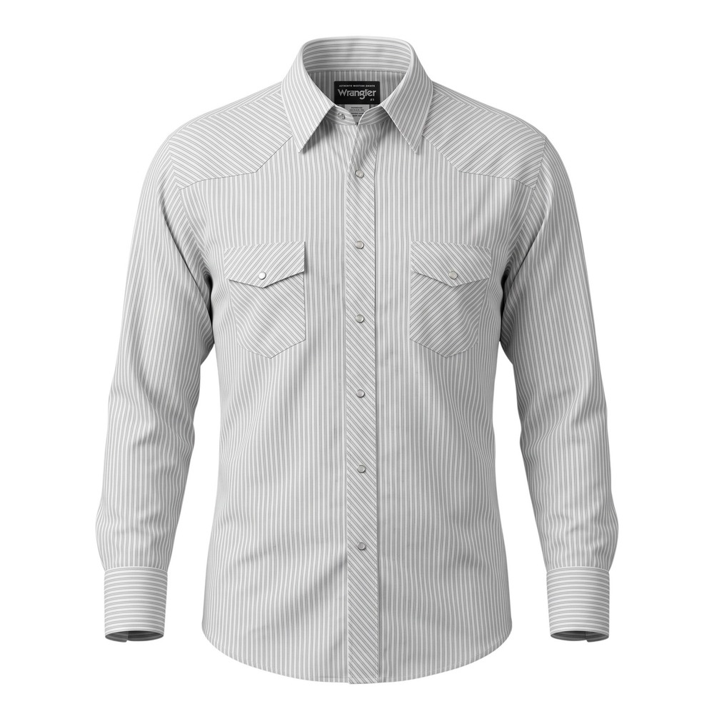 Wrangler Mens Authentic Western Shirt XL Grey White Striped Pearl Snap LS